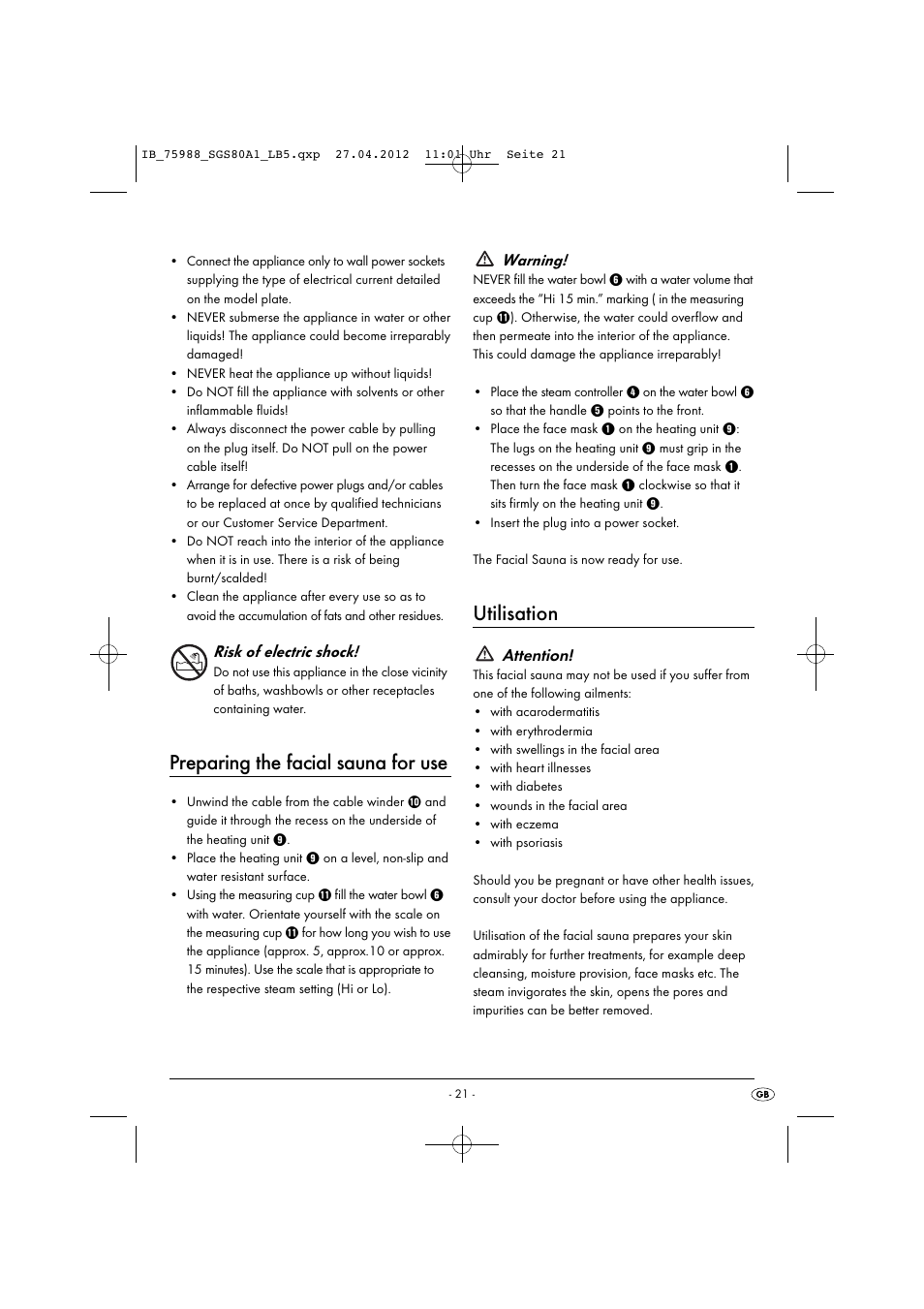 Preparing the facial sauna for use, Utilisation, Risk of electric shock | Warning, Attention | Silvercrest SGS 80 A1 User Manual | Page 23 / 33