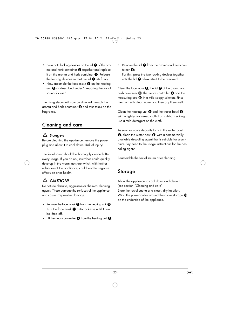 Cleaning and care, Storage, Danger | Caution | Silvercrest SGS 80 A1 User Manual | Page 25 / 33