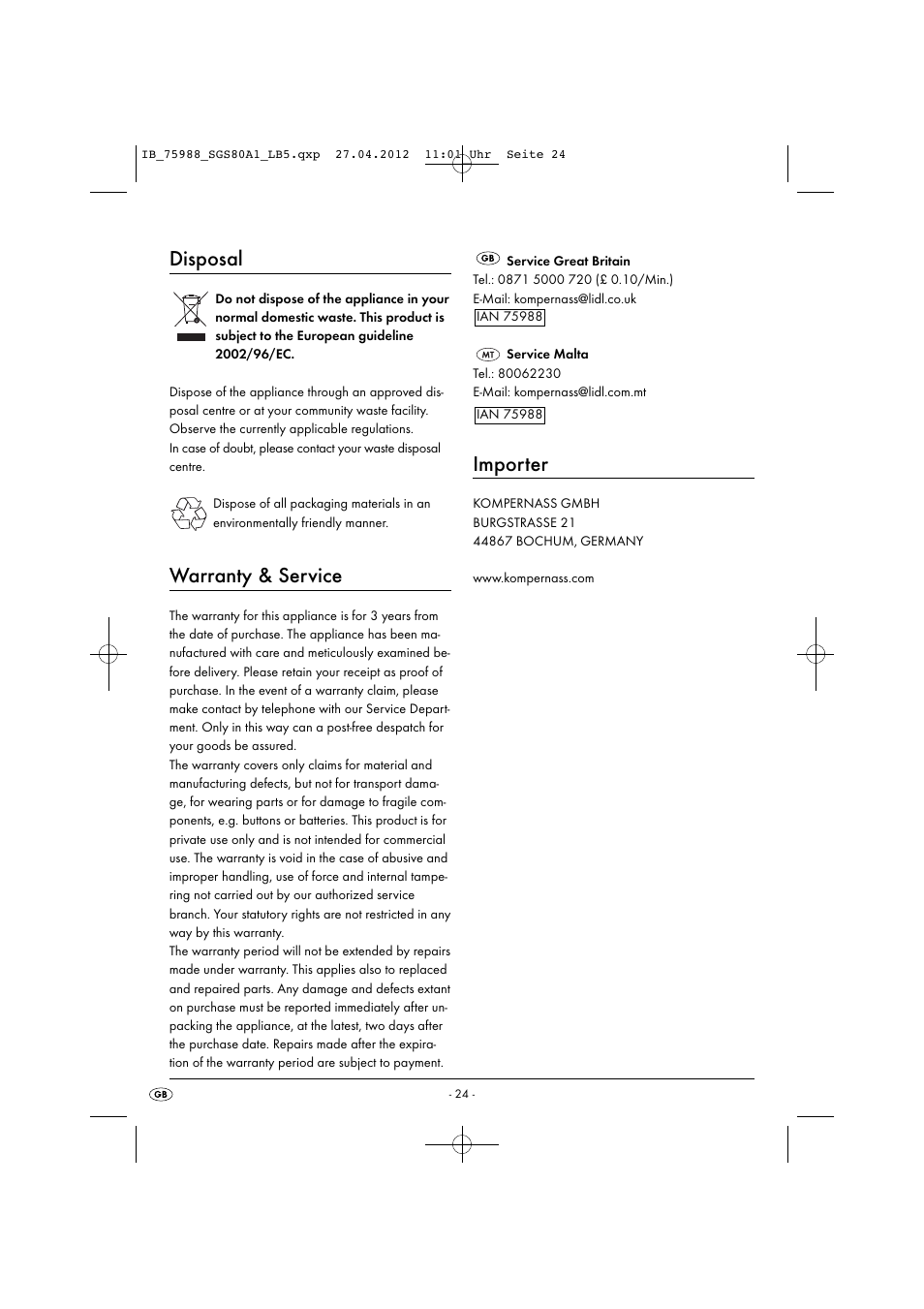 Disposal, Warranty & service, Importer | Silvercrest SGS 80 A1 User Manual | Page 26 / 33