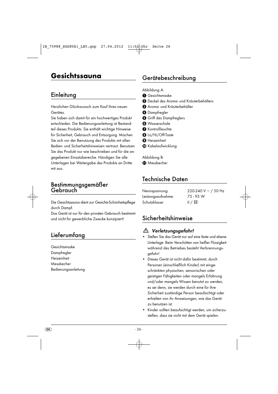 Gesichtssauna, Einleitung, Bestimmungsgemäßer gebrauch | Lieferumfang, Gerätebeschreibung, Technische daten, Sicherheitshinweise | Silvercrest SGS 80 A1 User Manual | Page 28 / 33