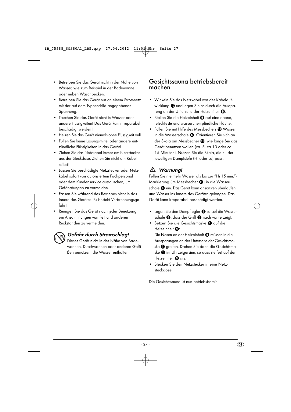 Gesichtssauna betriebsbereit machen, Gefahr durch stromschlag, Warnung | Silvercrest SGS 80 A1 User Manual | Page 29 / 33