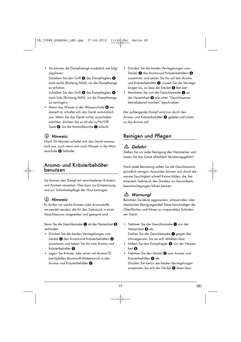 Aroma- und kräuterbehälter benutzen, Reinigen und pflegen, Hinweis | Gefahr, Warnung | Silvercrest SGS 80 A1 User Manual | Page 31 / 33