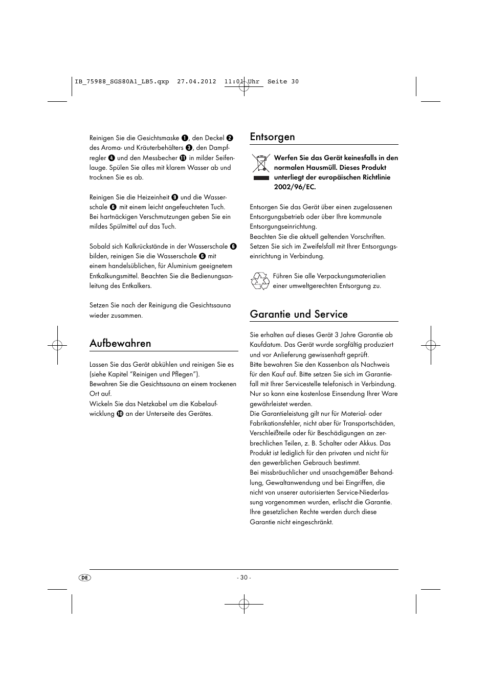 Aufbewahren, Entsorgen, Garantie und service | Silvercrest SGS 80 A1 User Manual | Page 32 / 33