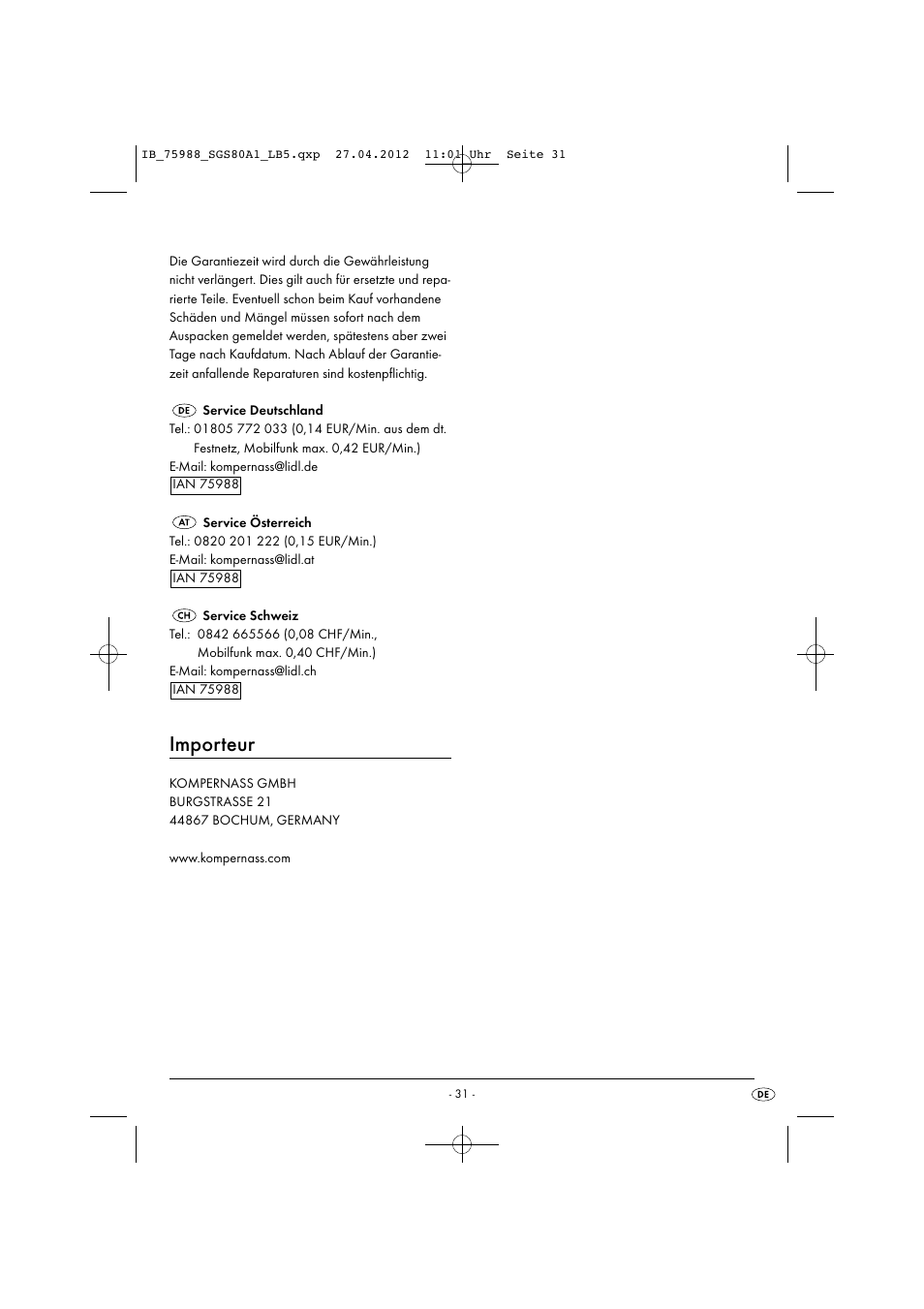Importeur | Silvercrest SGS 80 A1 User Manual | Page 33 / 33