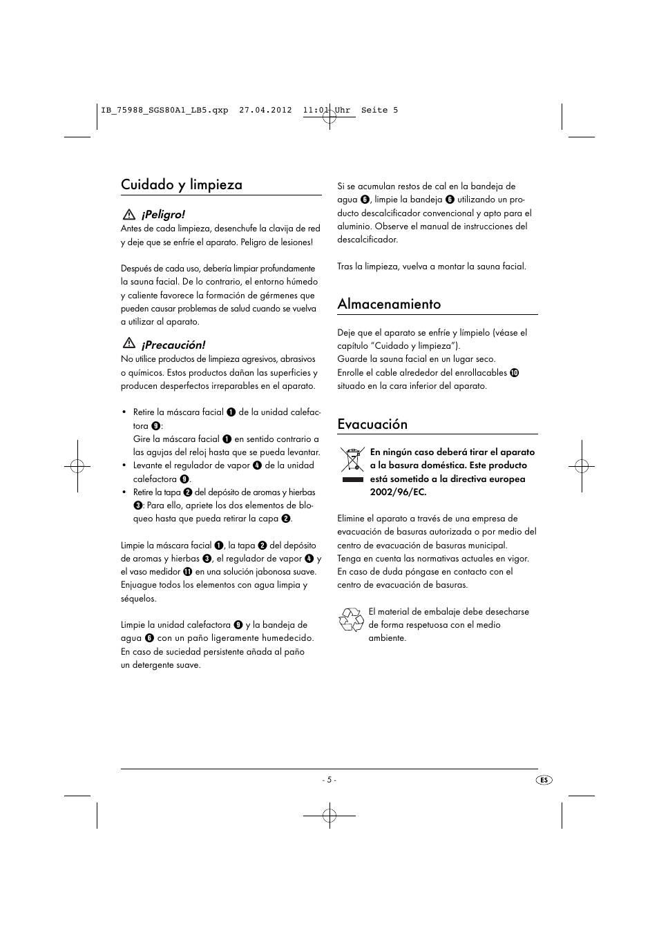 Cuidado y limpieza, Almacenamiento, Evacuación | Silvercrest SGS 80 A1 User Manual | Page 7 / 33