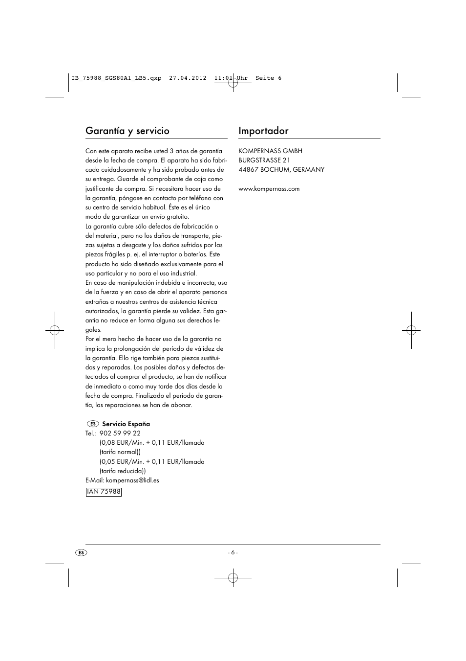 Garantía y servicio, Importador | Silvercrest SGS 80 A1 User Manual | Page 8 / 33