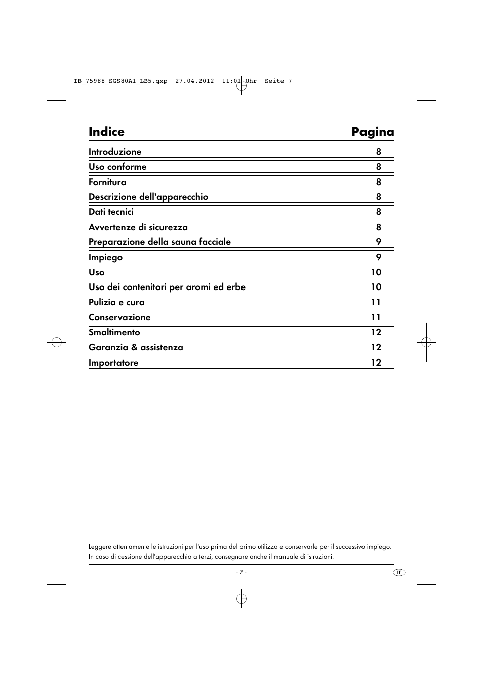 Indice pagina | Silvercrest SGS 80 A1 User Manual | Page 9 / 33