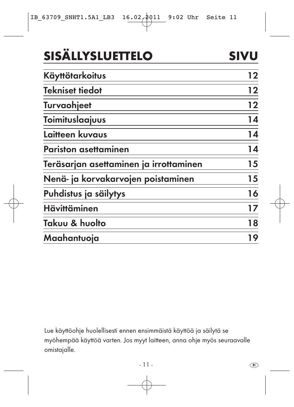 Sisällysluettelo sivu | Silvercrest SNHT 1.5 A1 User Manual | Page 13 / 42