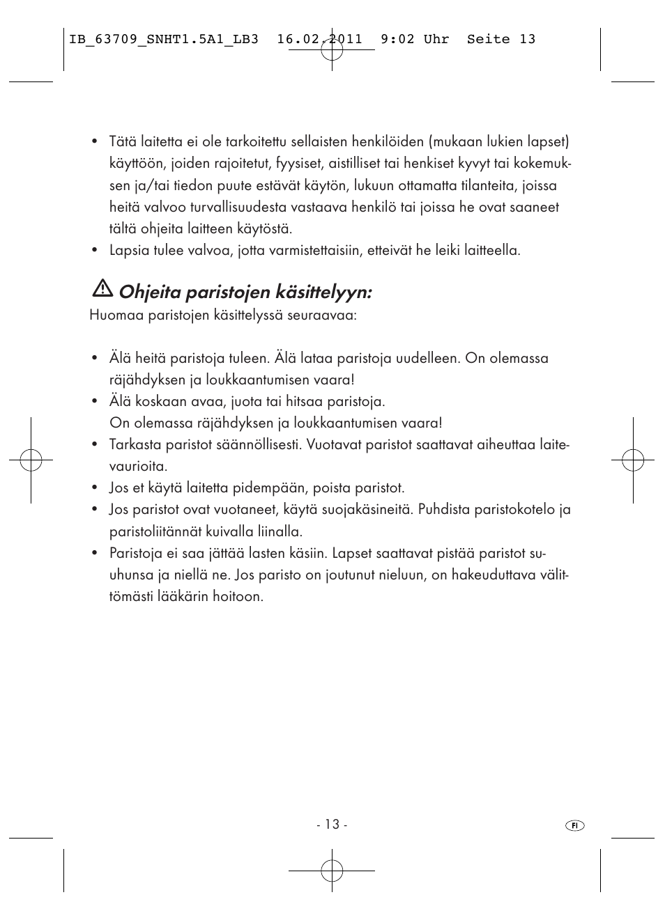 Ohjeita paristojen käsittelyyn | Silvercrest SNHT 1.5 A1 User Manual | Page 15 / 42