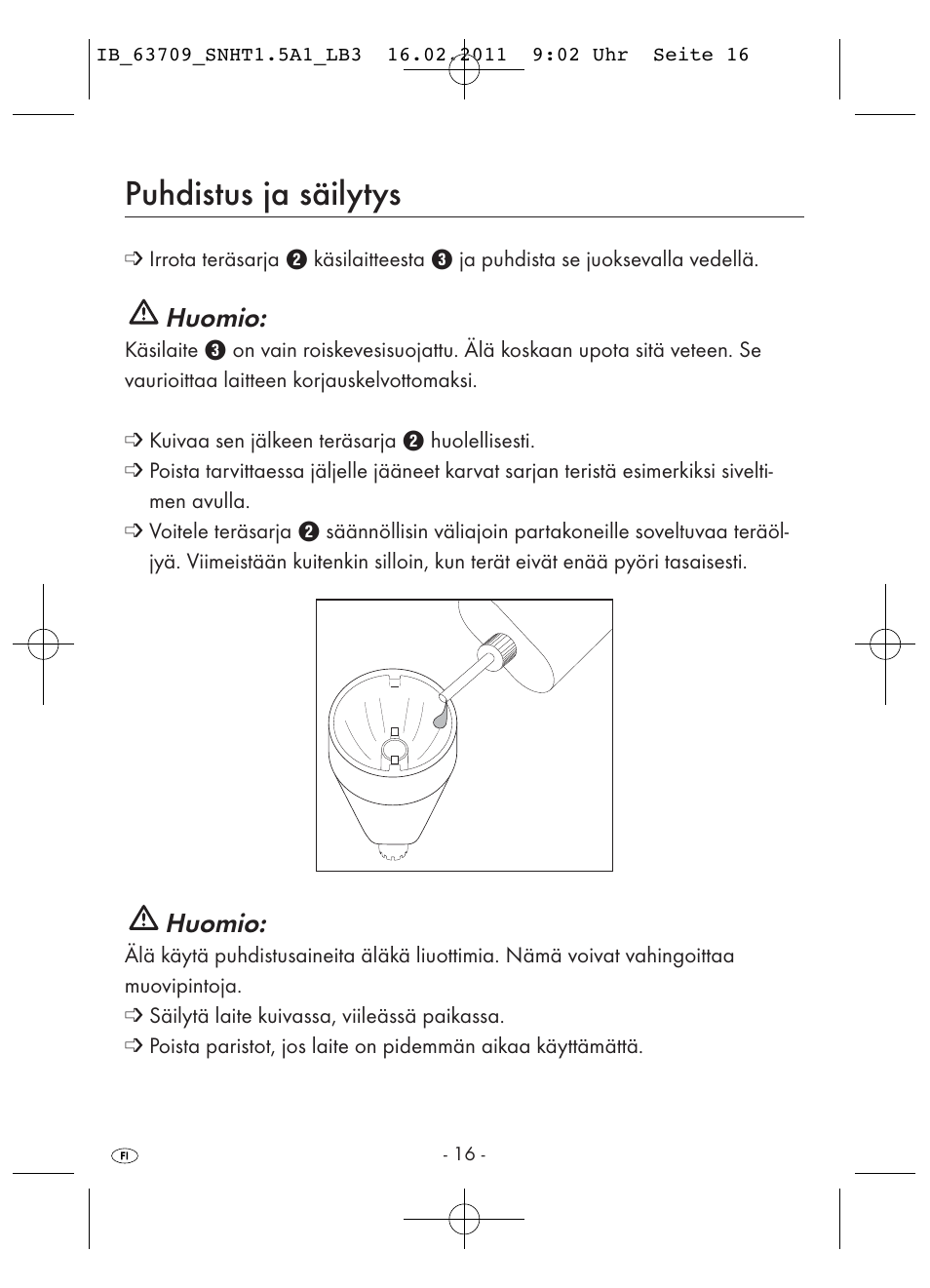 Puhdistus ja säilytys, Huomio | Silvercrest SNHT 1.5 A1 User Manual | Page 18 / 42