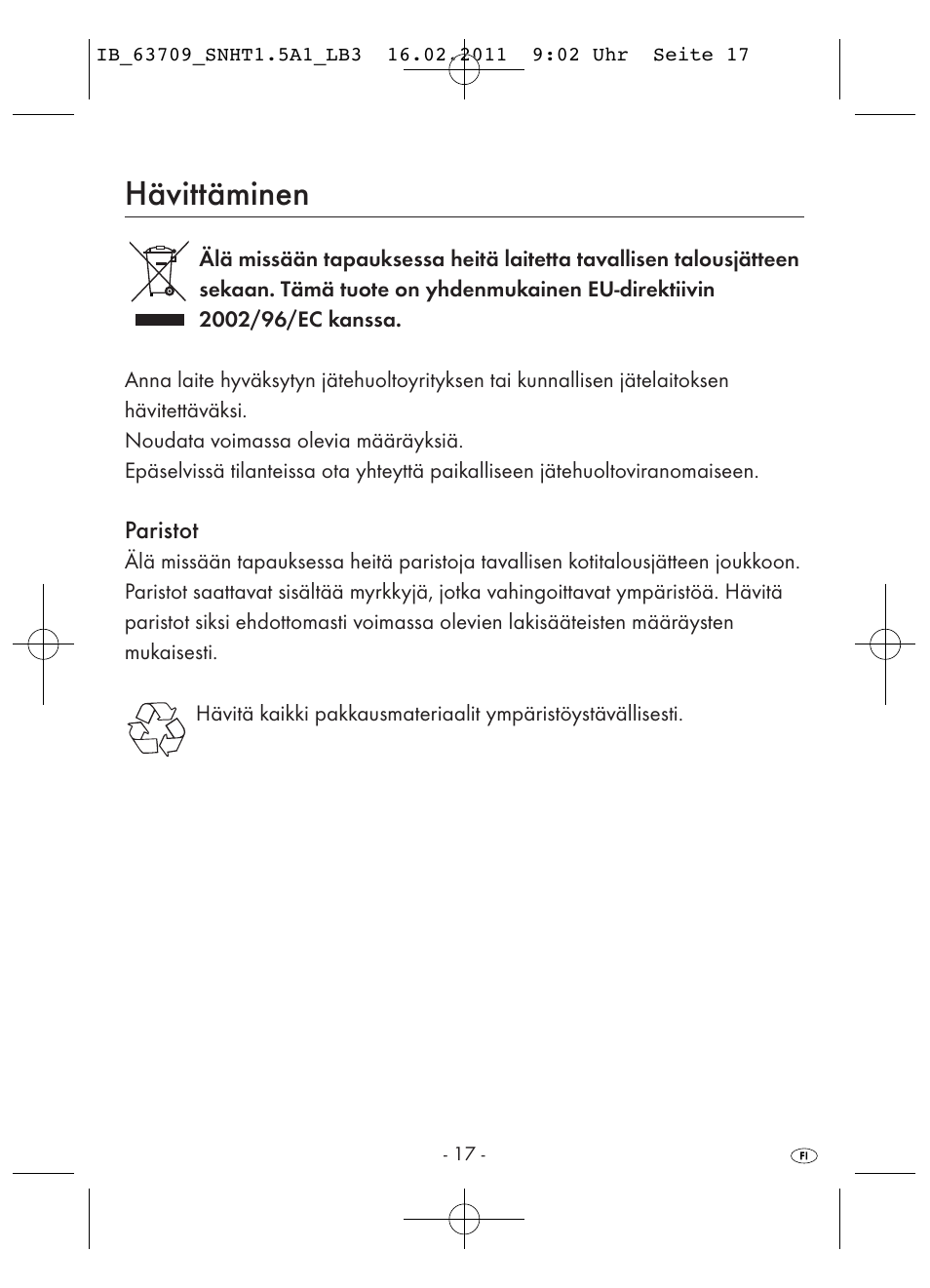 Hävittäminen | Silvercrest SNHT 1.5 A1 User Manual | Page 19 / 42