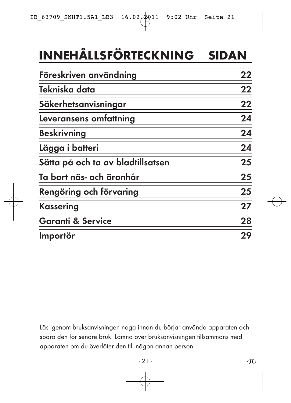 Innehållsförteckning sidan | Silvercrest SNHT 1.5 A1 User Manual | Page 23 / 42