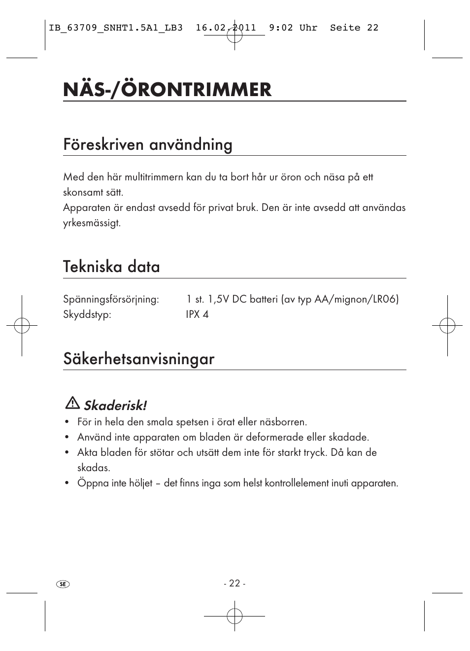 Näs-/örontrimmer, Föreskriven användning, Tekniska data | Säkerhetsanvisningar | Silvercrest SNHT 1.5 A1 User Manual | Page 24 / 42