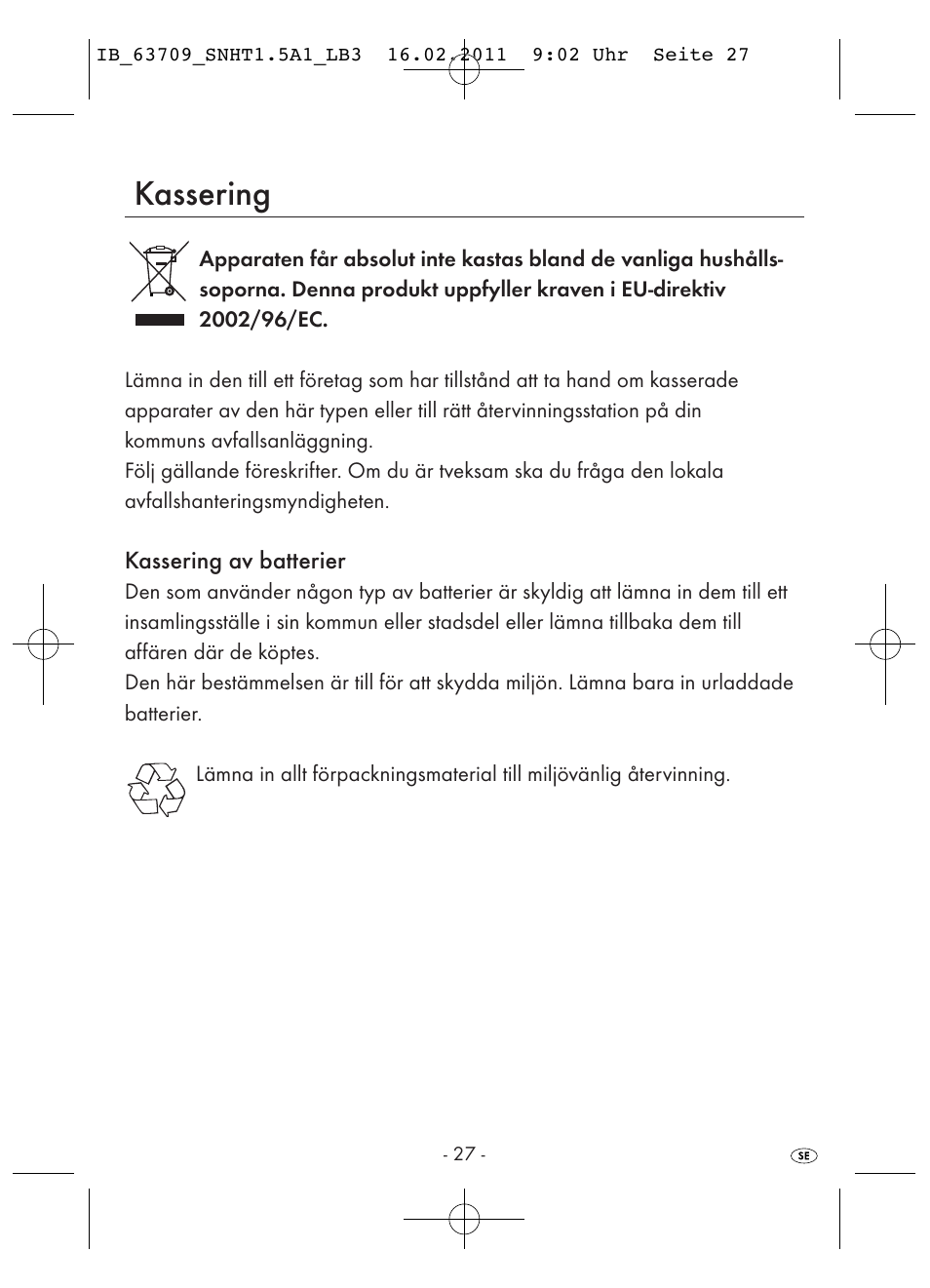 Kassering | Silvercrest SNHT 1.5 A1 User Manual | Page 29 / 42