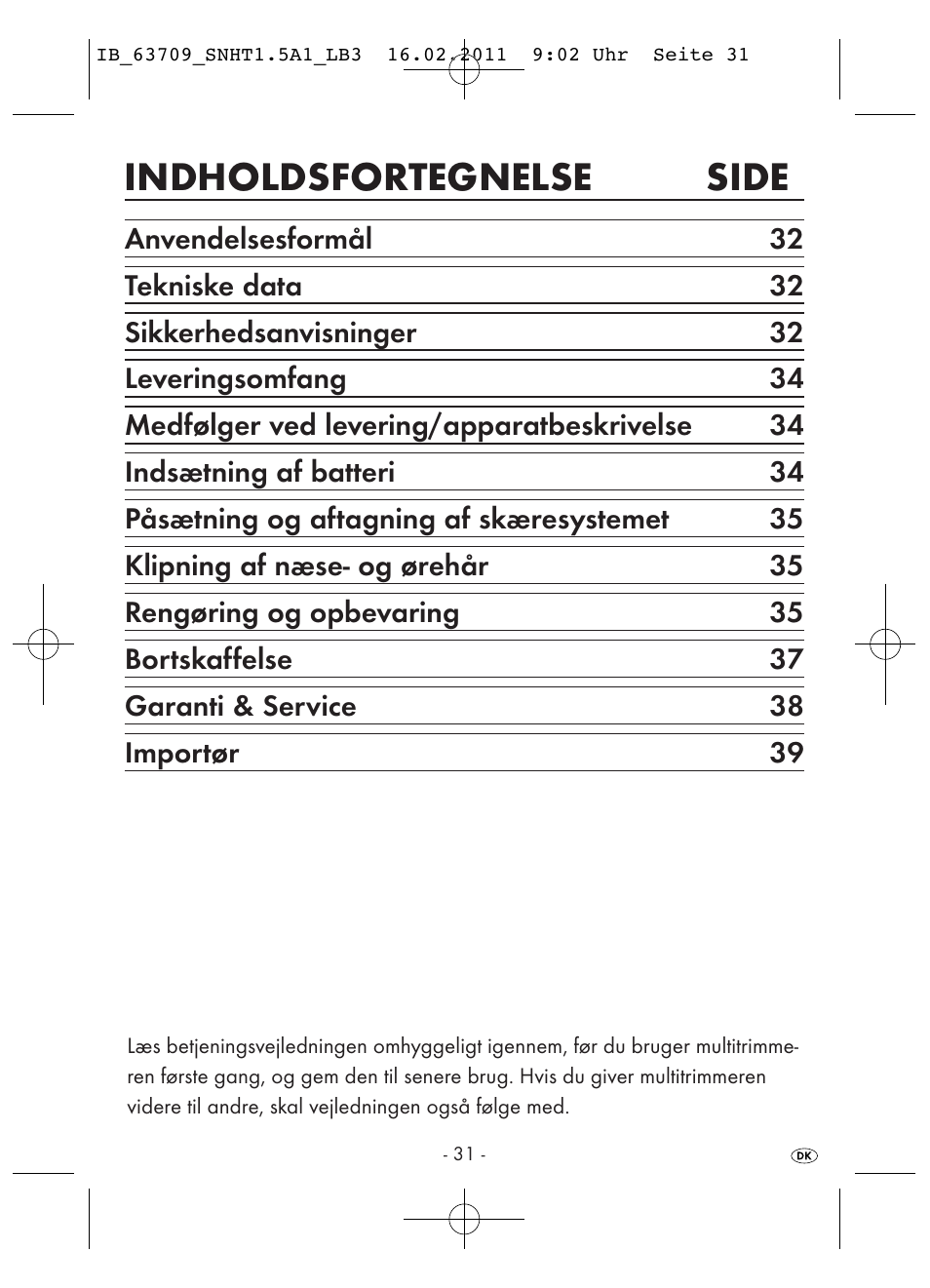 Indholdsfortegnelse side | Silvercrest SNHT 1.5 A1 User Manual | Page 33 / 42