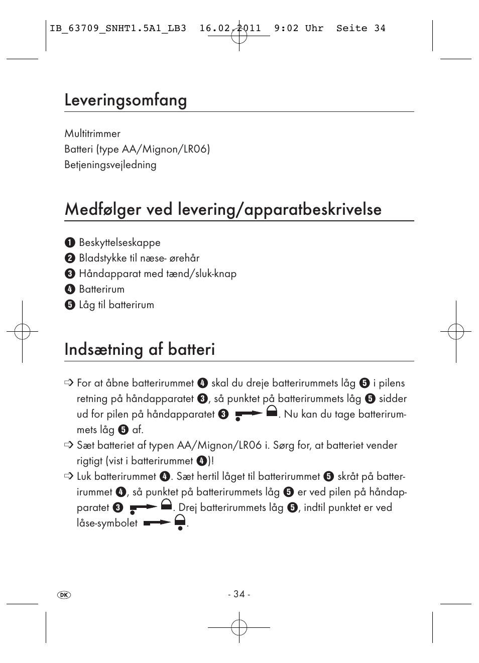 Leveringsomfang, Medfølger ved levering/apparatbeskrivelse, Indsætning af batteri | Silvercrest SNHT 1.5 A1 User Manual | Page 36 / 42