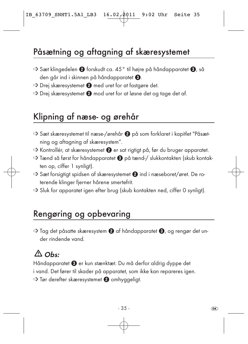 Påsætning og aftagning af skæresystemet, Klipning af næse- og ørehår, Rengøring og opbevaring | Silvercrest SNHT 1.5 A1 User Manual | Page 37 / 42