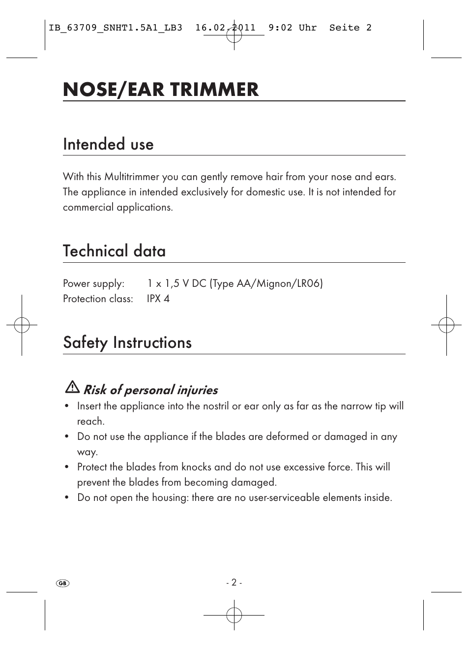 Nose/ear trimmer, Intended use, Technical data | Safety instructions | Silvercrest SNHT 1.5 A1 User Manual | Page 4 / 42