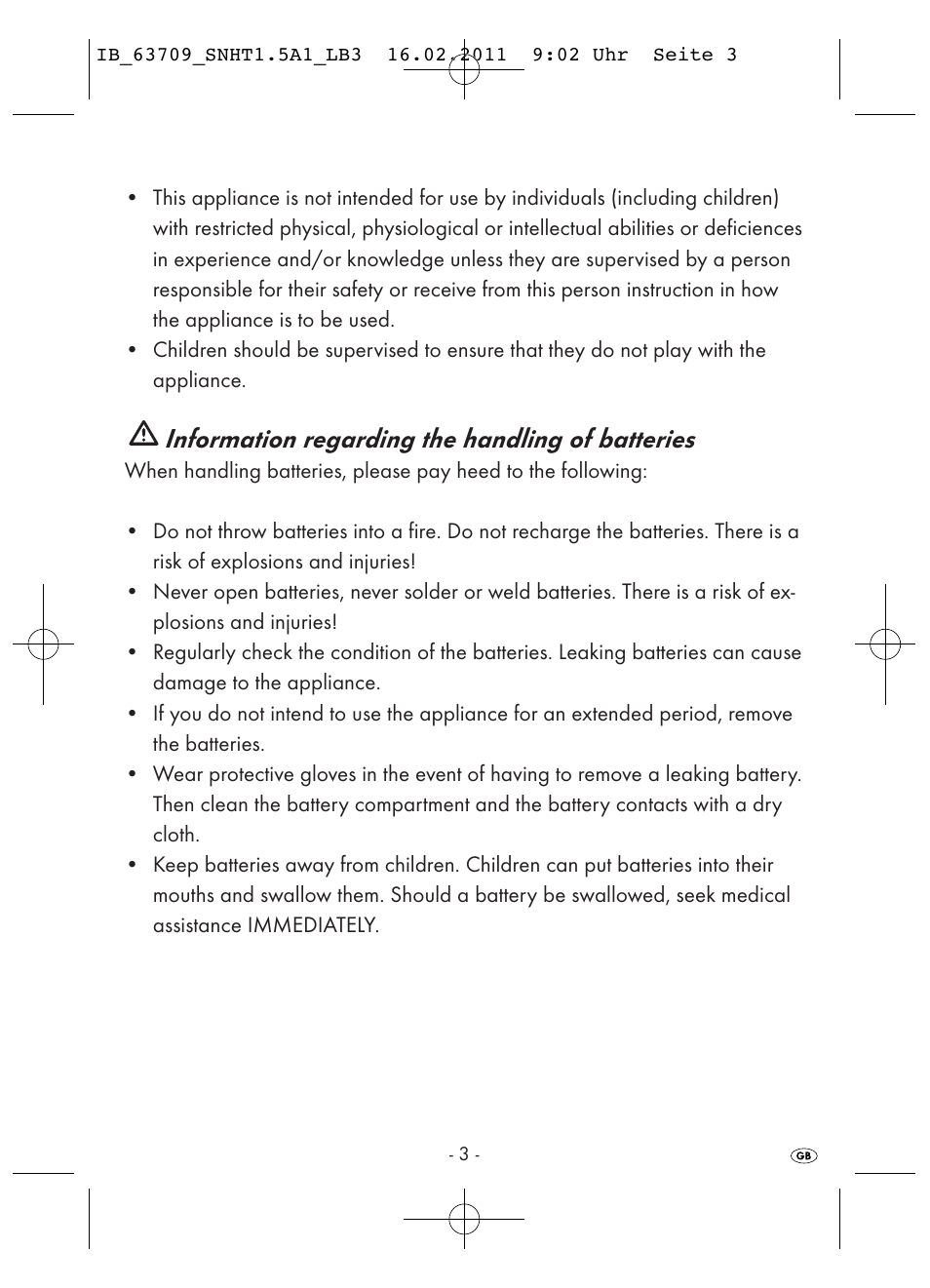 Information regarding the handling of batteries | Silvercrest SNHT 1.5 A1 User Manual | Page 5 / 42