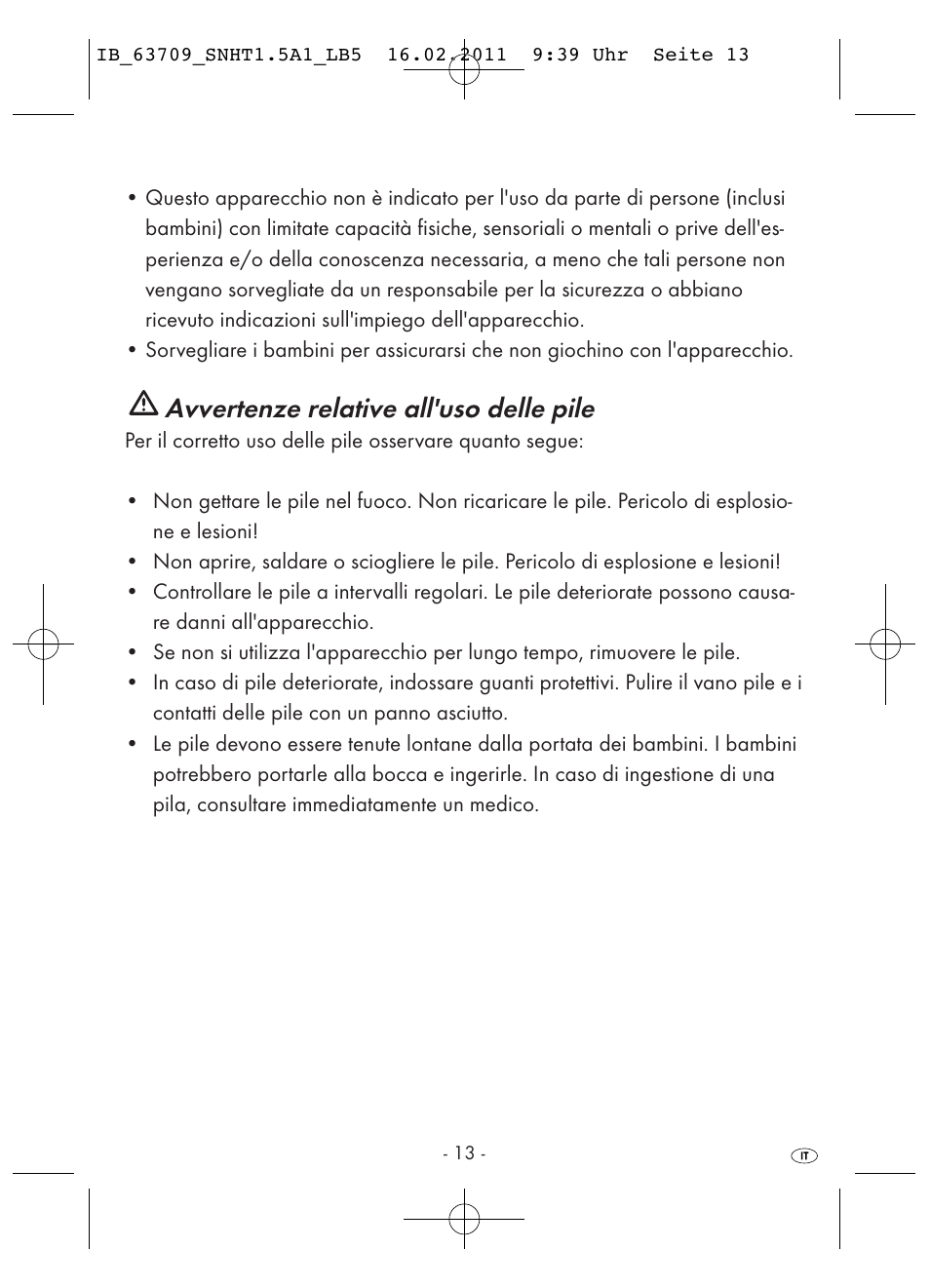 Avvertenze relative all'uso delle pile | Silvercrest SNHT 1.5 A1 User Manual | Page 15 / 42