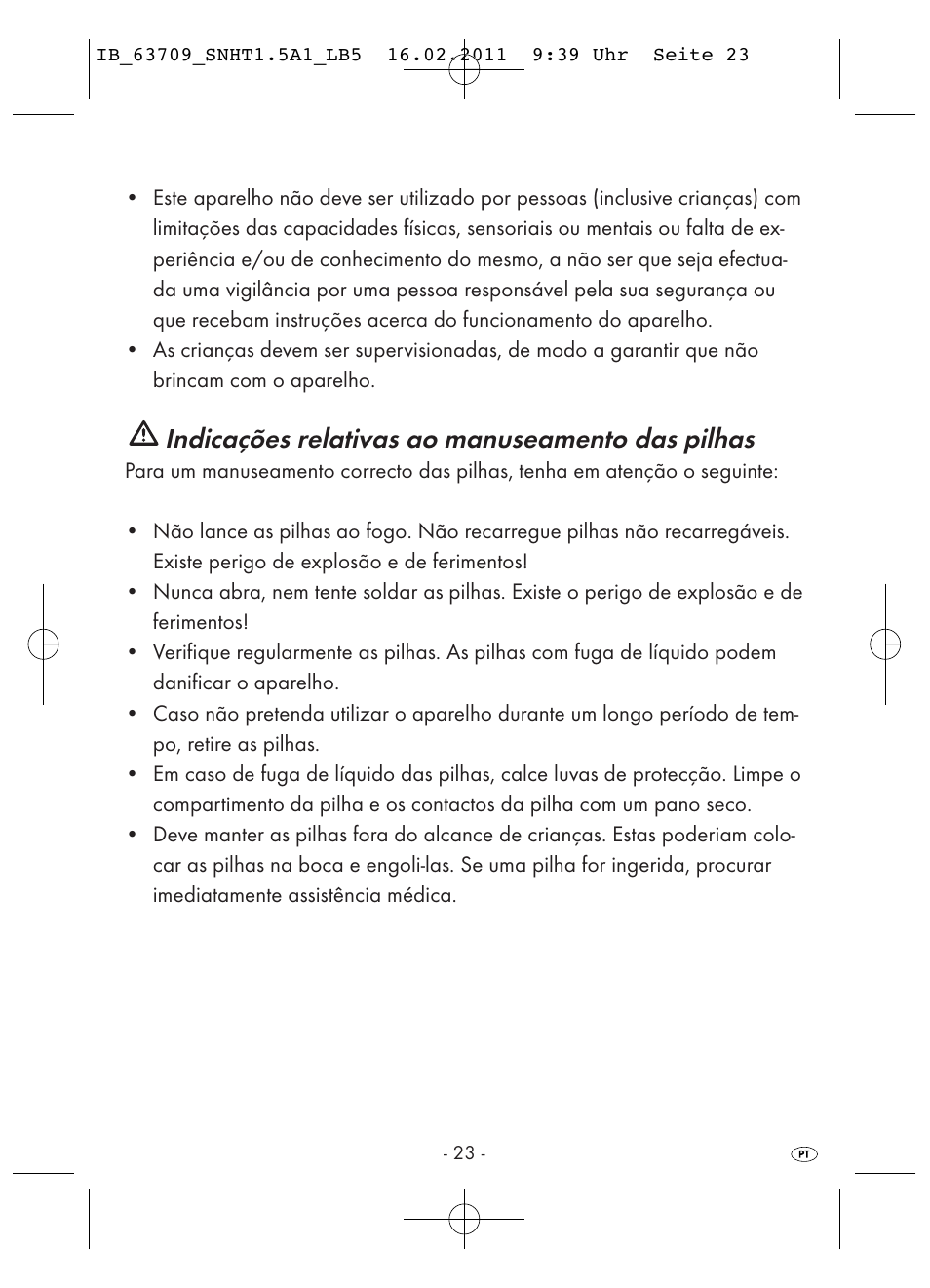 Indicações relativas ao manuseamento das pilhas | Silvercrest SNHT 1.5 A1 User Manual | Page 25 / 42