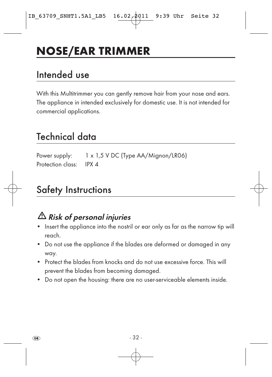 Nose/ear trimmer, Intended use, Technical data | Safety instructions | Silvercrest SNHT 1.5 A1 User Manual | Page 34 / 42