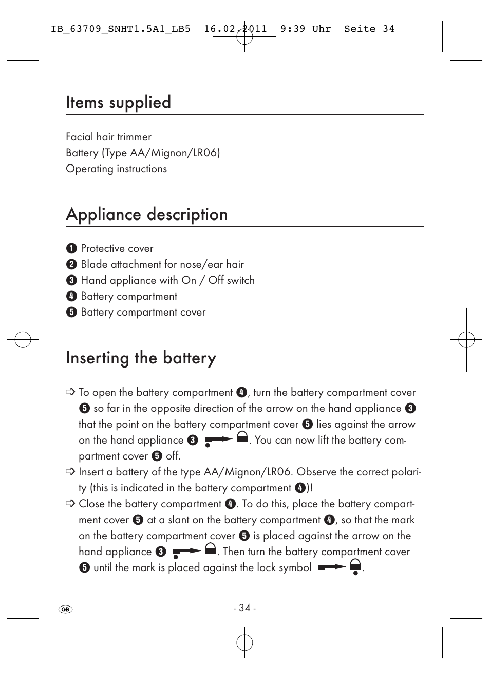 Items supplied, Appliance description, Inserting the battery | Silvercrest SNHT 1.5 A1 User Manual | Page 36 / 42