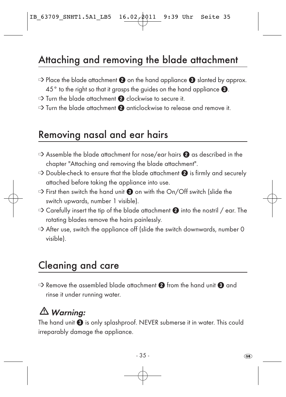 Attaching and removing the blade attachment, Removing nasal and ear hairs, Cleaning and care | Warning | Silvercrest SNHT 1.5 A1 User Manual | Page 37 / 42