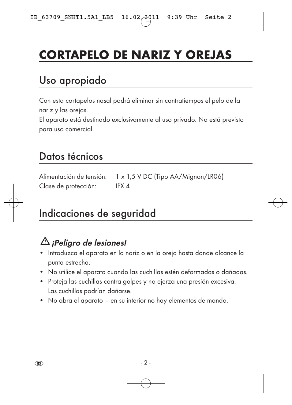 Cortapelo de nariz y orejas, Uso apropiado, Datos técnicos | Indicaciones de seguridad | Silvercrest SNHT 1.5 A1 User Manual | Page 4 / 42