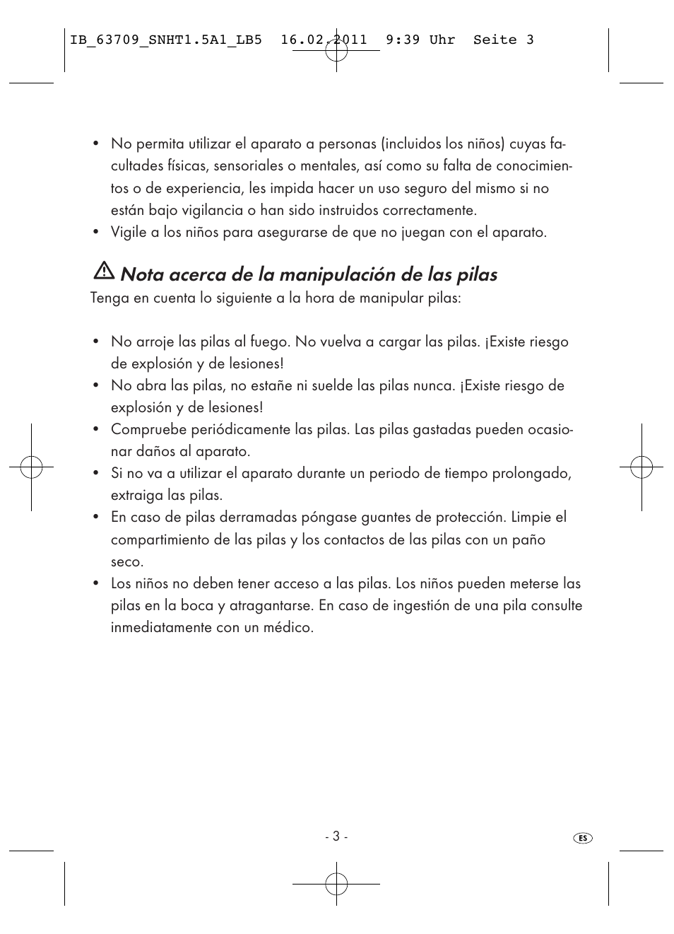 Nota acerca de la manipulación de las pilas | Silvercrest SNHT 1.5 A1 User Manual | Page 5 / 42