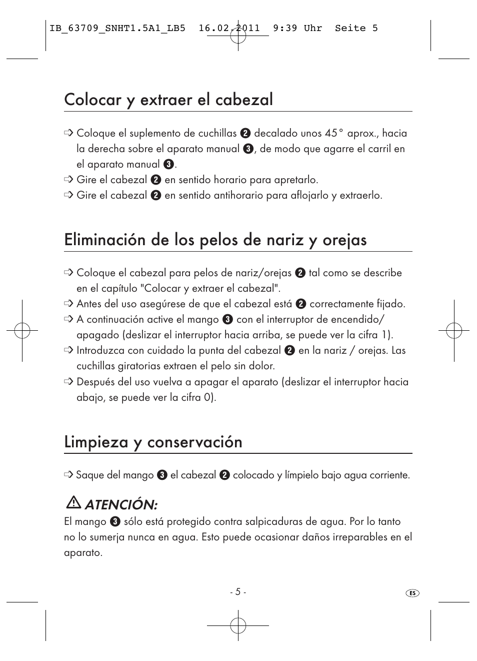 Colocar y extraer el cabezal, Eliminación de los pelos de nariz y orejas, Limpieza y conservación | Atención | Silvercrest SNHT 1.5 A1 User Manual | Page 7 / 42