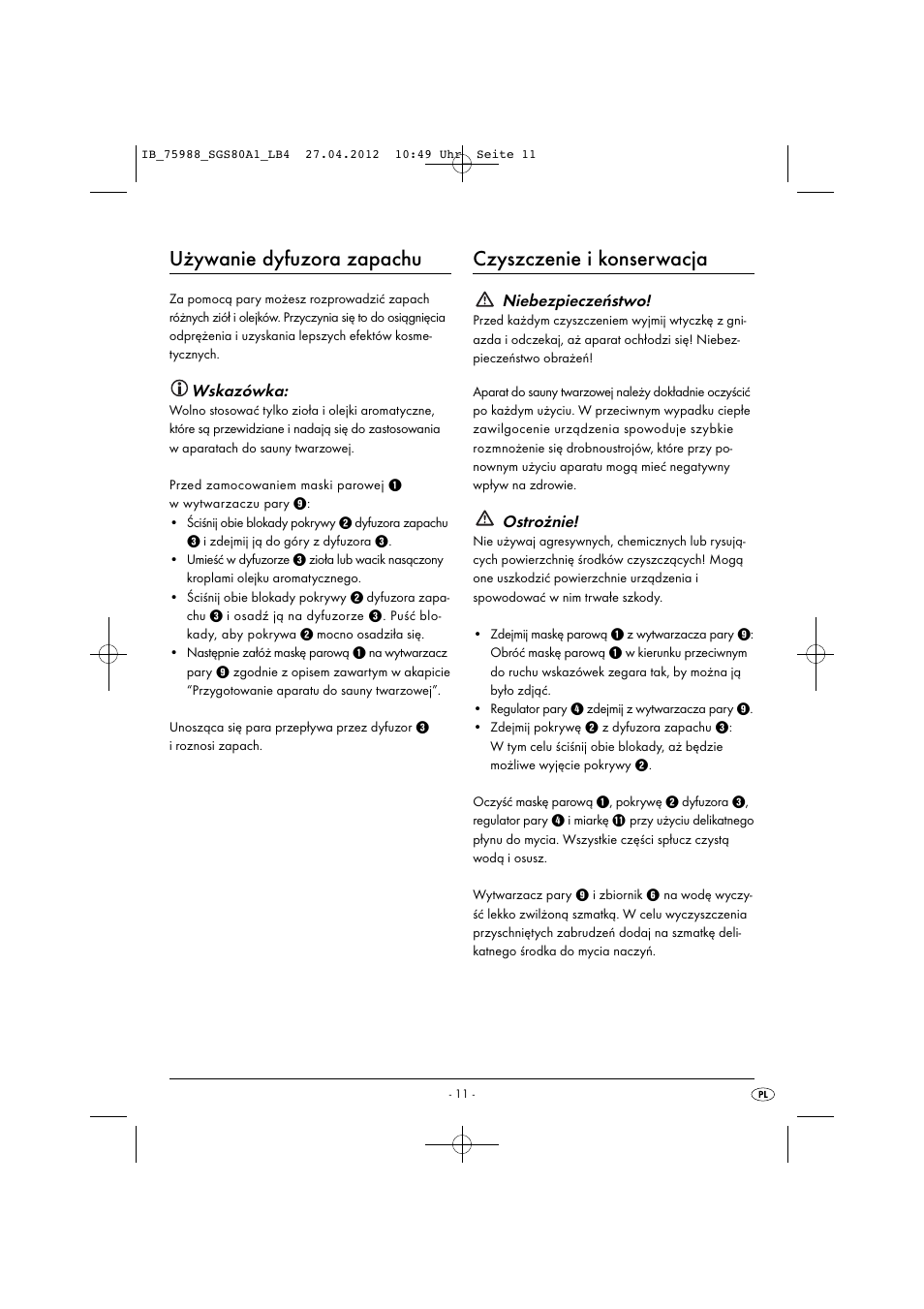 Używanie dyfuzora zapachu, Czyszczenie i konserwacja, Wskazówka | Niebezpieczeństwo, Ostrożnie | Silvercrest SGS 80 A1 User Manual | Page 13 / 33
