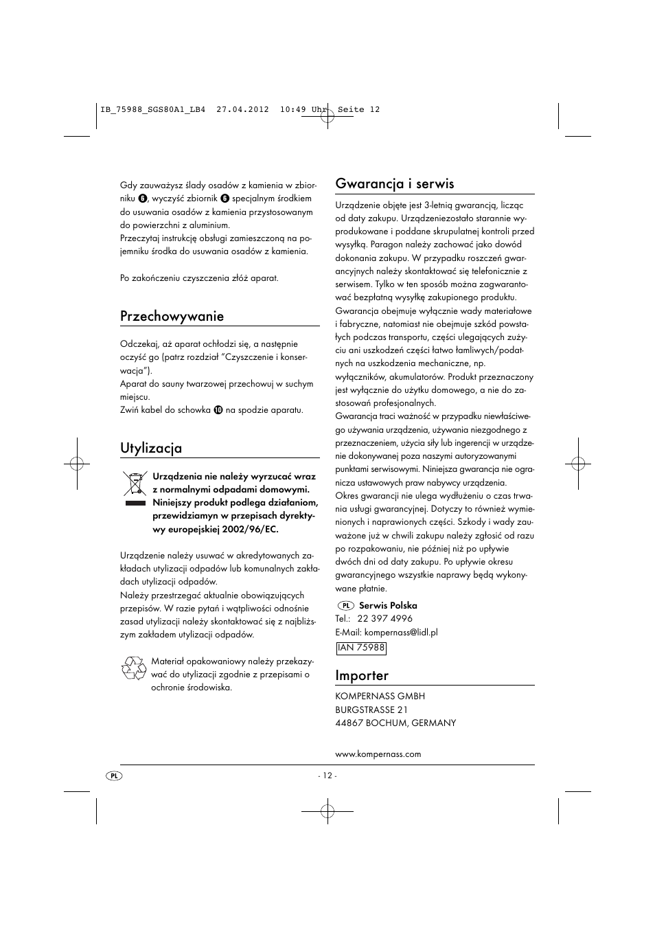 Przechowywanie, Utylizacja, Gwarancja i serwis | Importer | Silvercrest SGS 80 A1 User Manual | Page 14 / 33