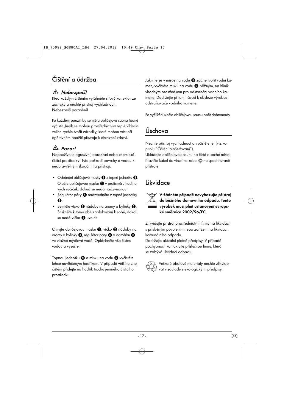 Čištění a údržba, Úschova, Likvidace | Silvercrest SGS 80 A1 User Manual | Page 19 / 33