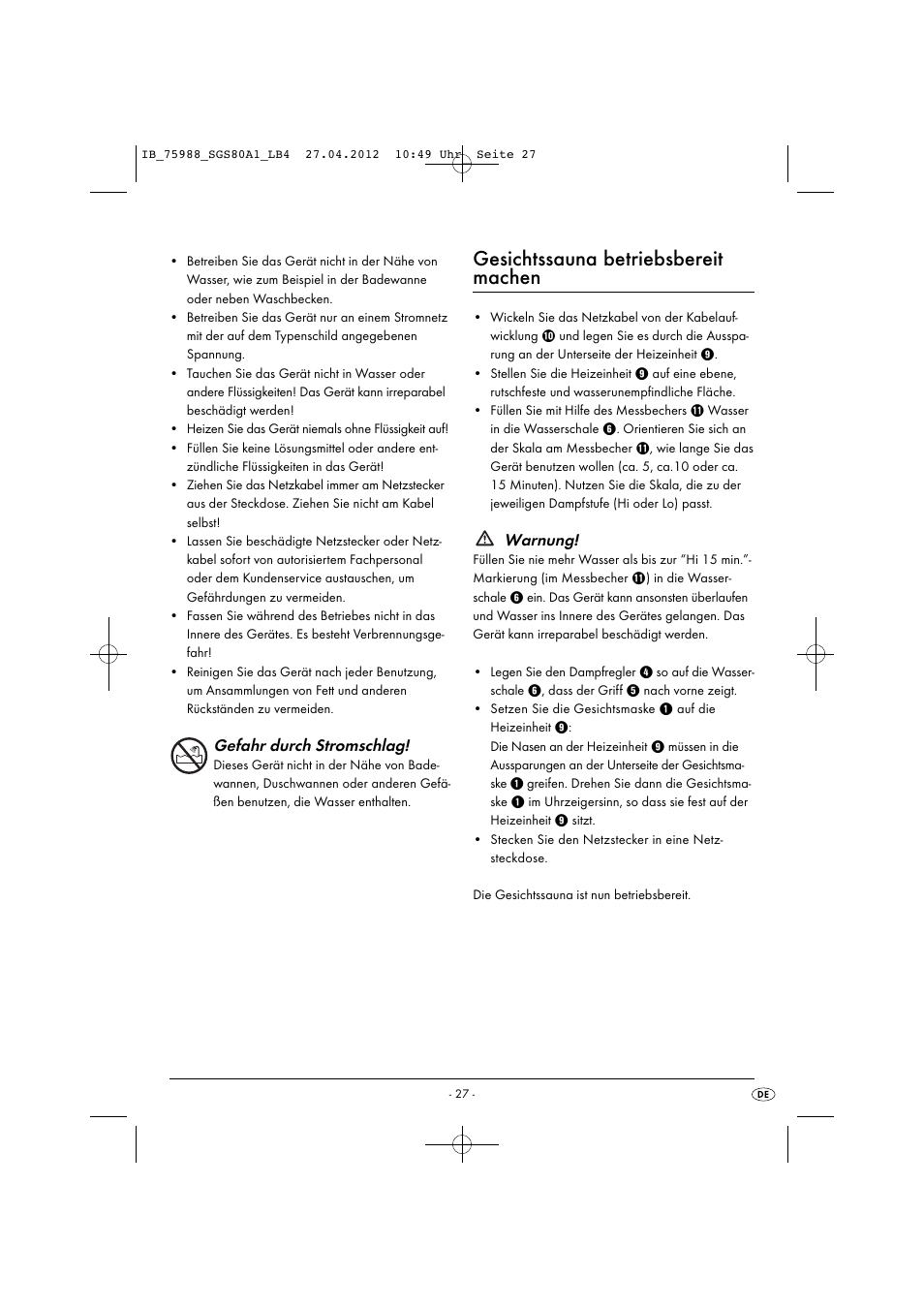 Gesichtssauna betriebsbereit machen, Gefahr durch stromschlag, Warnung | Silvercrest SGS 80 A1 User Manual | Page 29 / 33