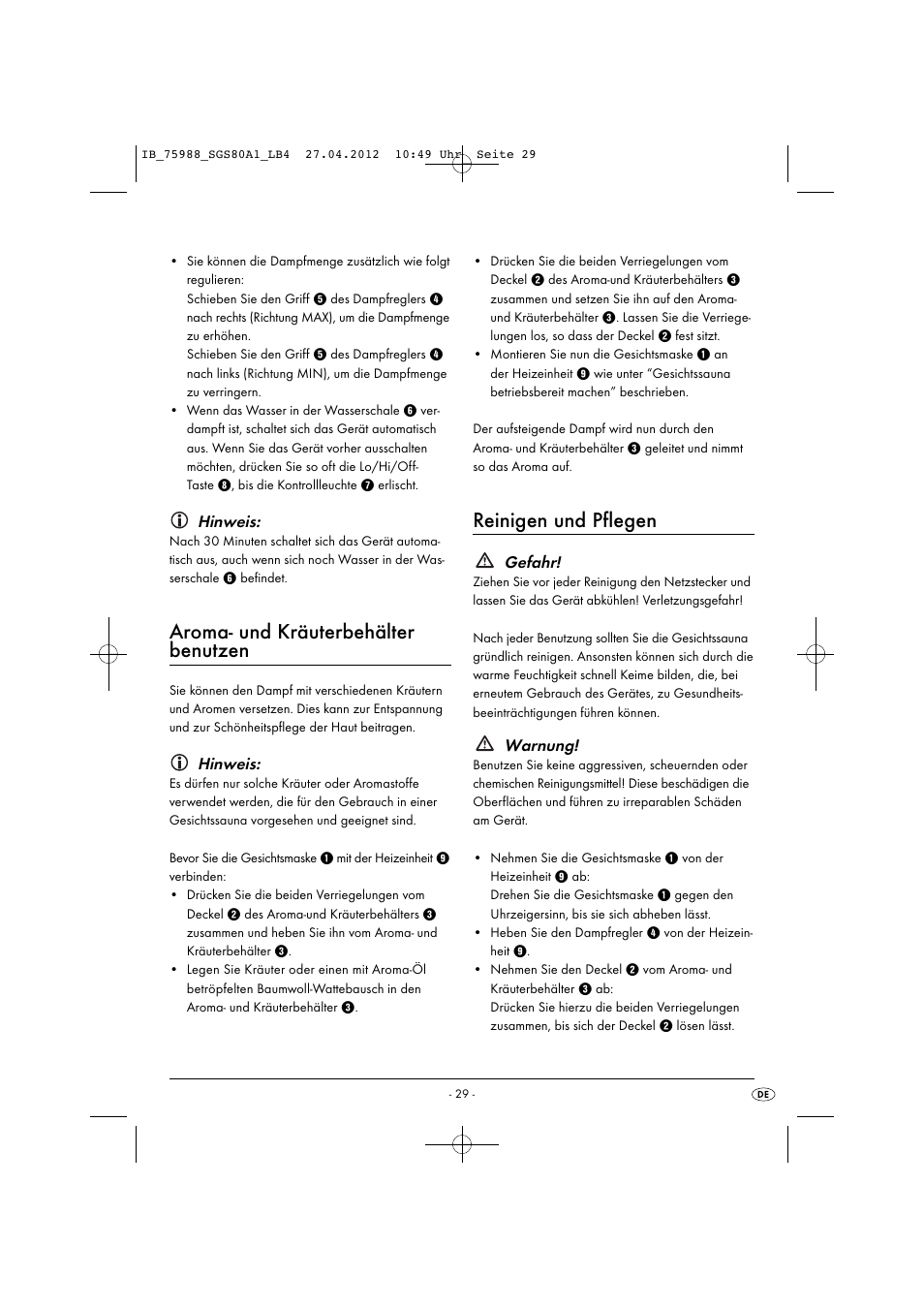 Aroma- und kräuterbehälter benutzen, Reinigen und pflegen, Hinweis | Gefahr, Warnung | Silvercrest SGS 80 A1 User Manual | Page 31 / 33