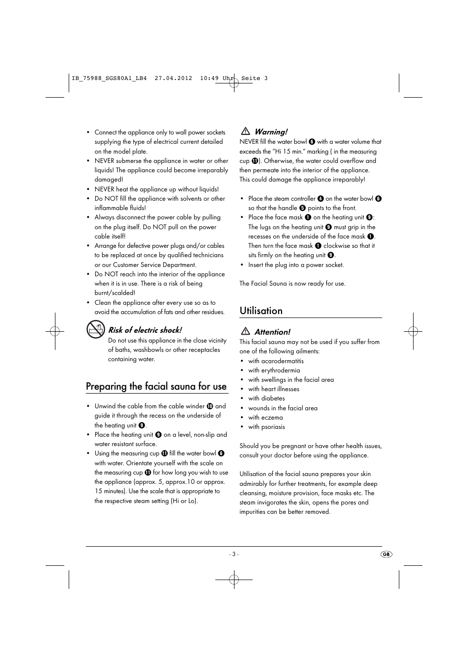 Preparing the facial sauna for use, Utilisation, Risk of electric shock | Warning, Attention | Silvercrest SGS 80 A1 User Manual | Page 5 / 33