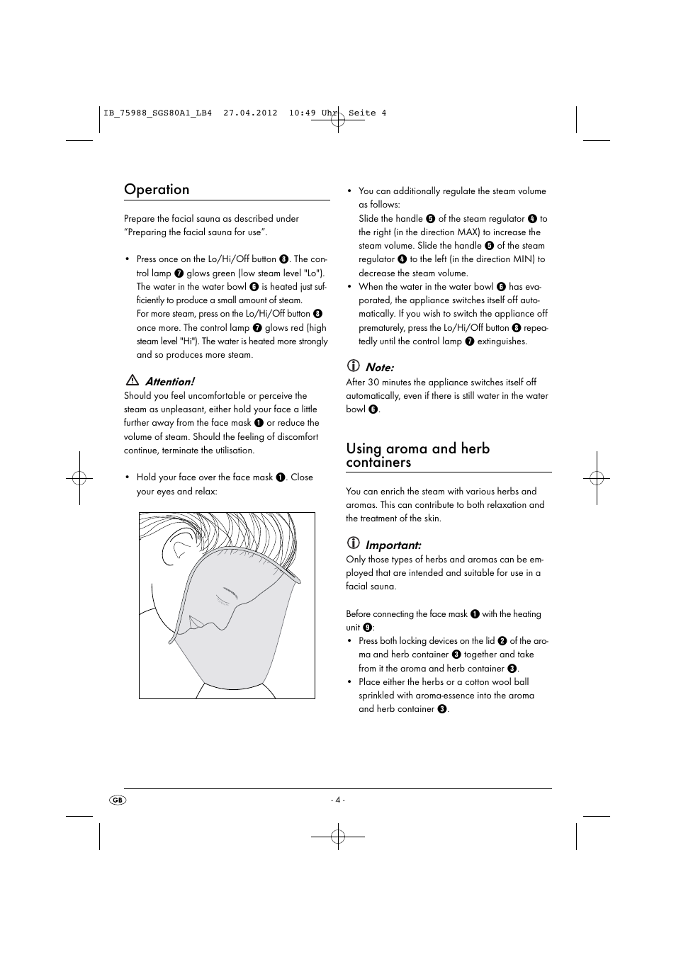 Operation, Using aroma and herb containers | Silvercrest SGS 80 A1 User Manual | Page 6 / 33