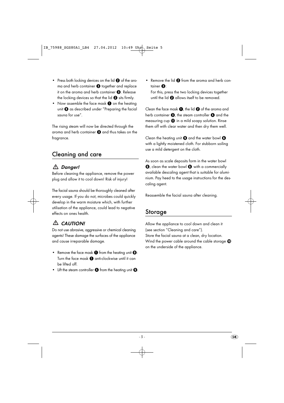 Cleaning and care, Storage, Danger | Caution | Silvercrest SGS 80 A1 User Manual | Page 7 / 33