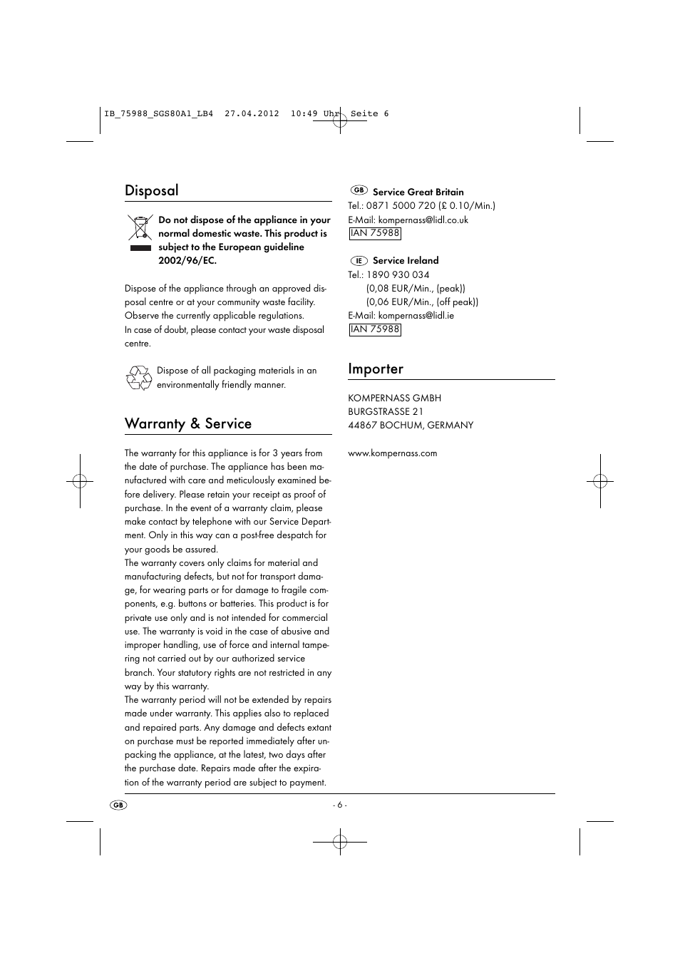 Disposal, Warranty & service, Importer | Silvercrest SGS 80 A1 User Manual | Page 8 / 33