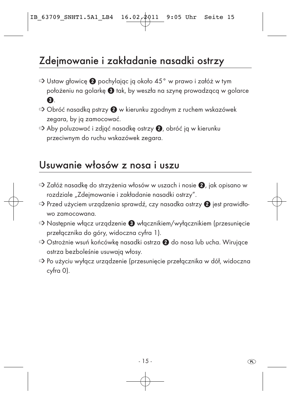 Zdejmowanie i zakładanie nasadki ostrzy, Usuwanie włosów z nosa i uszu | Silvercrest SNHT 1.5 A1 User Manual | Page 17 / 62