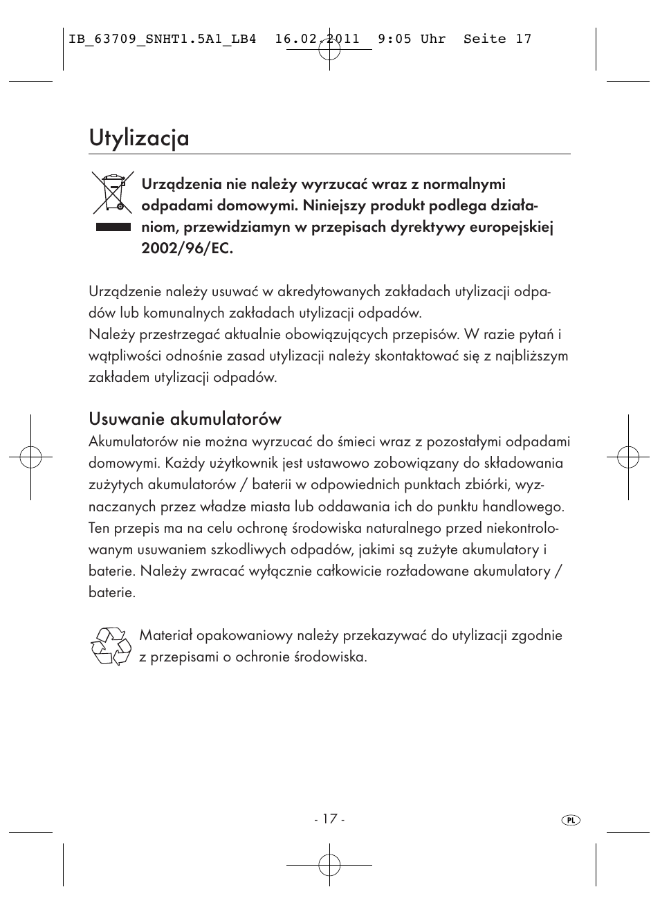 Utylizacja, Usuwanie akumulatorów | Silvercrest SNHT 1.5 A1 User Manual | Page 19 / 62