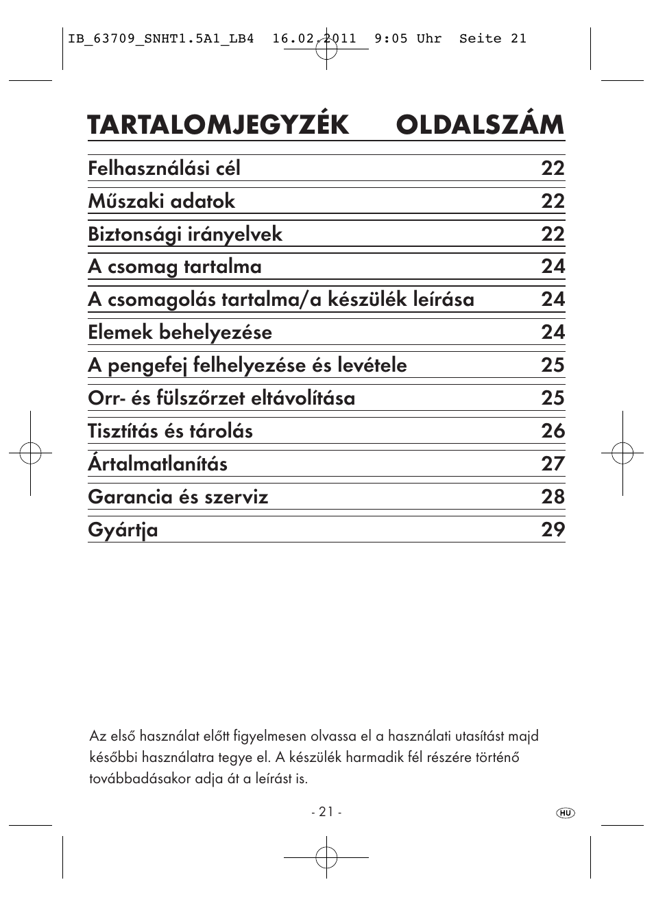 Tartalomjegyzék oldalszám | Silvercrest SNHT 1.5 A1 User Manual | Page 23 / 62