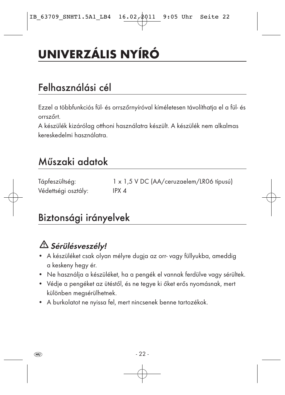 Univerzális nyíró, Felhasználási cél, Műszaki adatok | Biztonsági irányelvek | Silvercrest SNHT 1.5 A1 User Manual | Page 24 / 62