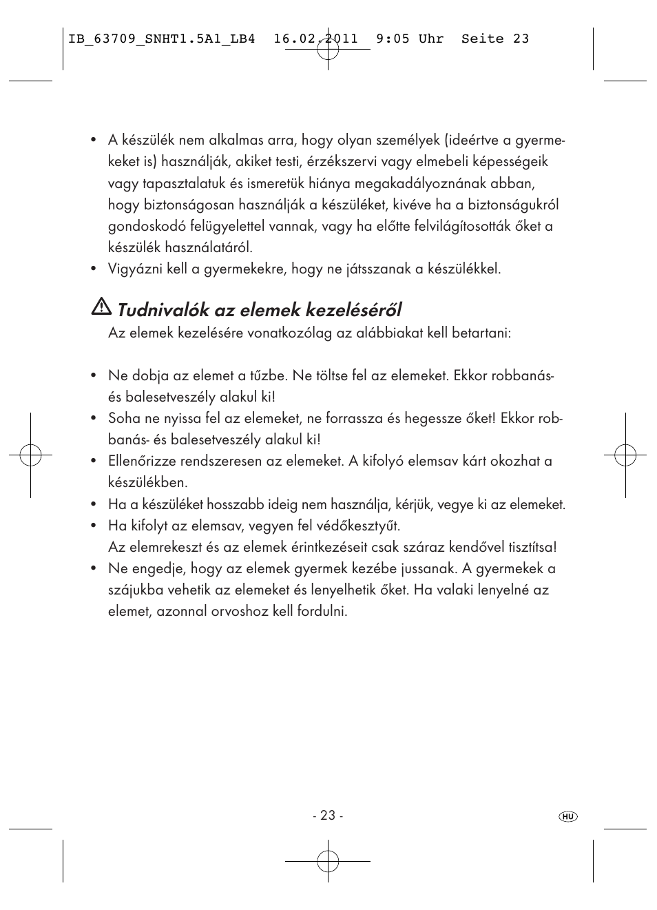 Tudnivalók az elemek kezeléséről | Silvercrest SNHT 1.5 A1 User Manual | Page 25 / 62