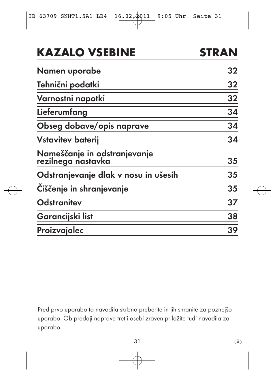 Kazalo vsebine stran | Silvercrest SNHT 1.5 A1 User Manual | Page 33 / 62