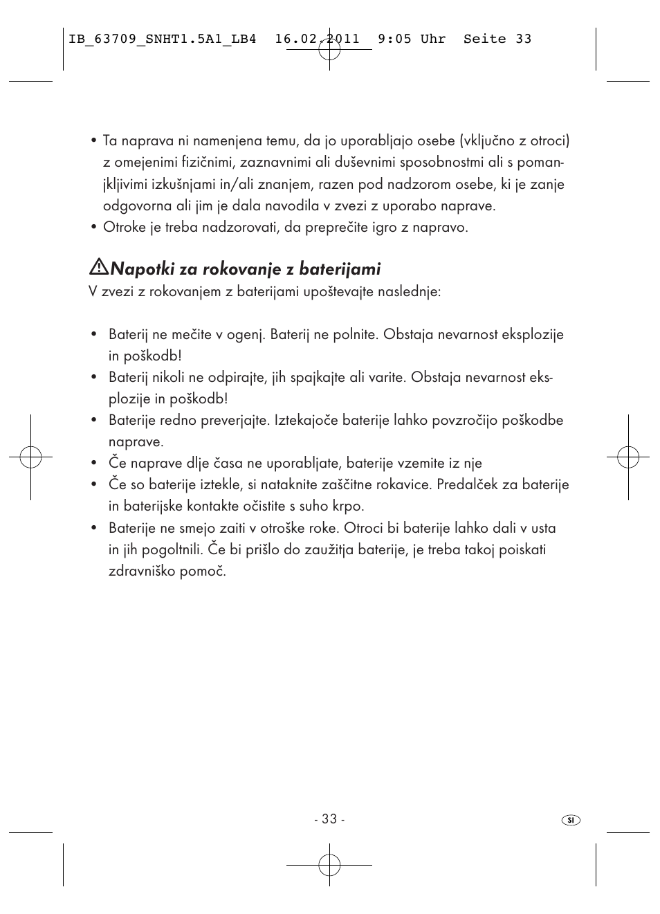 Napotki za rokovanje z baterijami | Silvercrest SNHT 1.5 A1 User Manual | Page 35 / 62