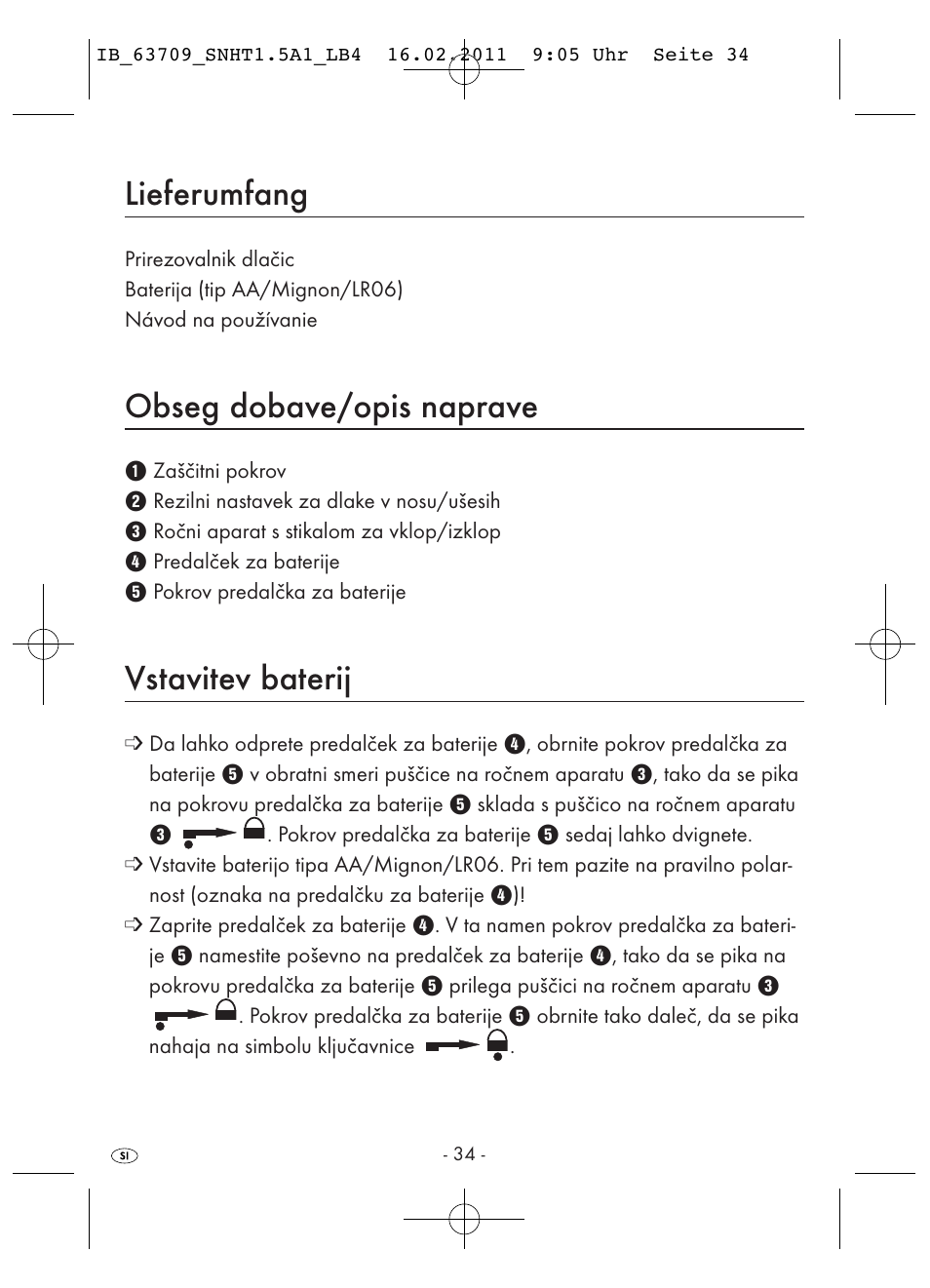 Lieferumfang, Obseg dobave/opis naprave, Vstavitev baterij | Silvercrest SNHT 1.5 A1 User Manual | Page 36 / 62