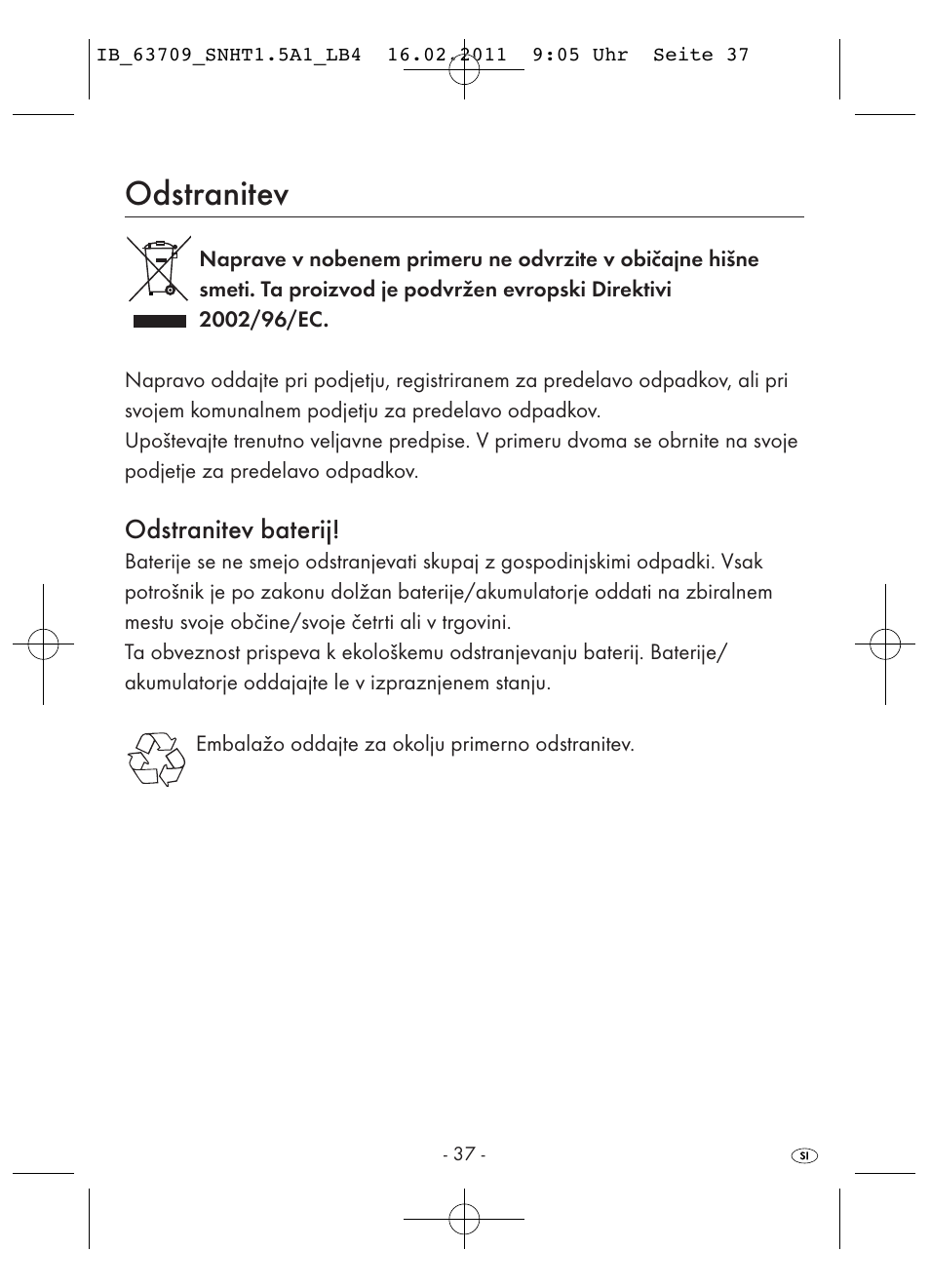 Odstranitev, Odstranitev baterij | Silvercrest SNHT 1.5 A1 User Manual | Page 39 / 62