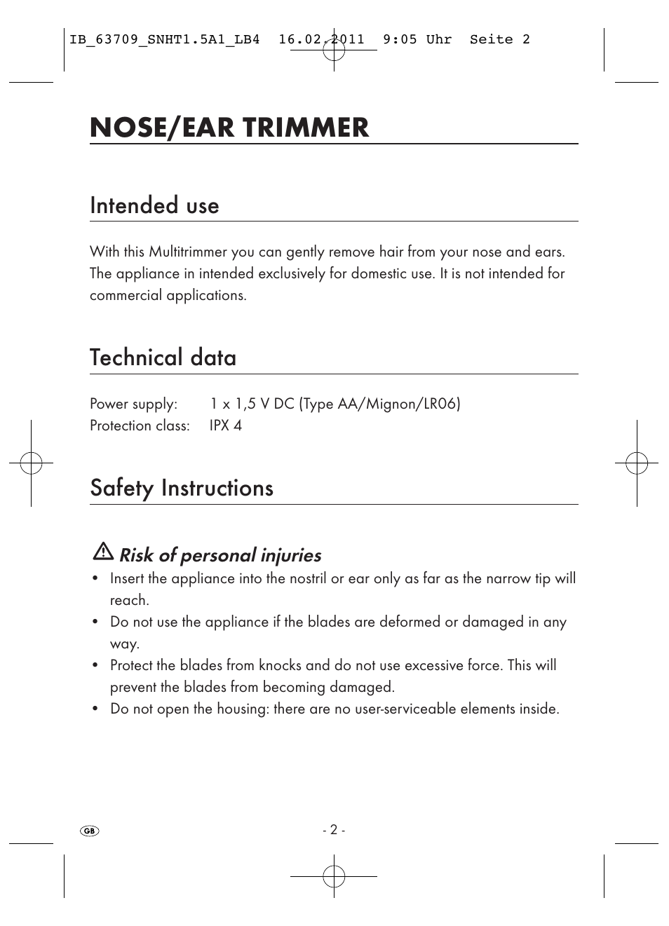 Nose/ear trimmer, Intended use, Technical data | Safety instructions | Silvercrest SNHT 1.5 A1 User Manual | Page 4 / 62